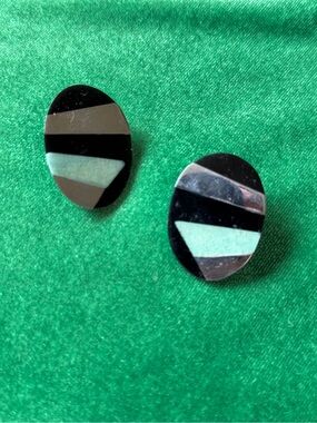 Oval Inlay Earrings in Black, Mint & Silver
